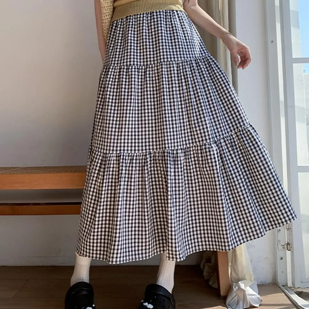 Plaid A-Line Maxi Skirt for Women Casual Elastic Waist Long Skirts