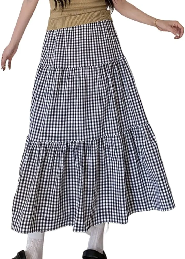 Plaid A-Line Maxi Skirt for Women Casual Elastic Waist Long Skirts