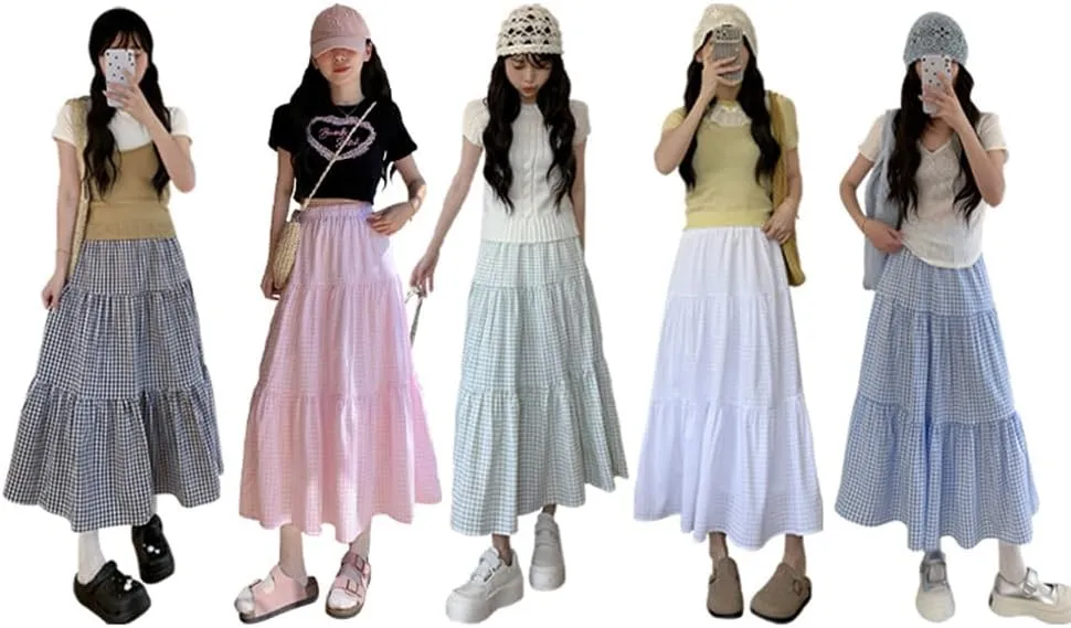 Plaid A-Line Maxi Skirt for Women Casual Elastic Waist Long Skirts