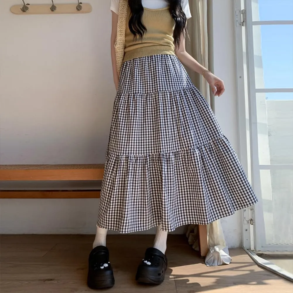 Plaid A-Line Maxi Skirt for Women Casual Elastic Waist Long Skirts