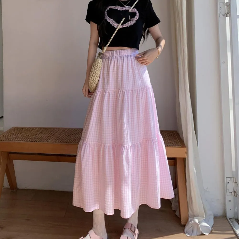 Plaid A-Line Maxi Skirt for Women Casual Elastic Waist Long Skirts