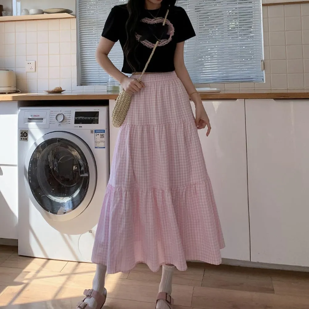 Plaid A-Line Maxi Skirt for Women Casual Elastic Waist Long Skirts
