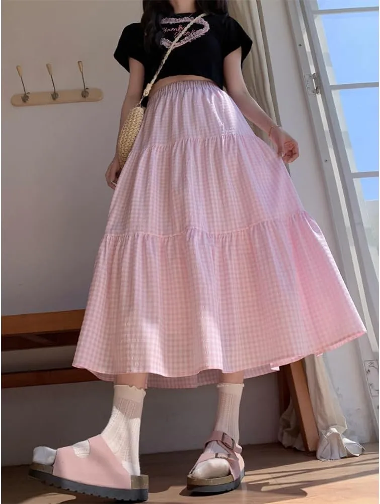 Plaid A-Line Maxi Skirt for Women Casual Elastic Waist Long Skirts