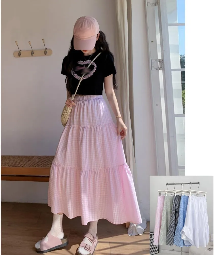 Plaid A-Line Maxi Skirt for Women Casual Elastic Waist Long Skirts