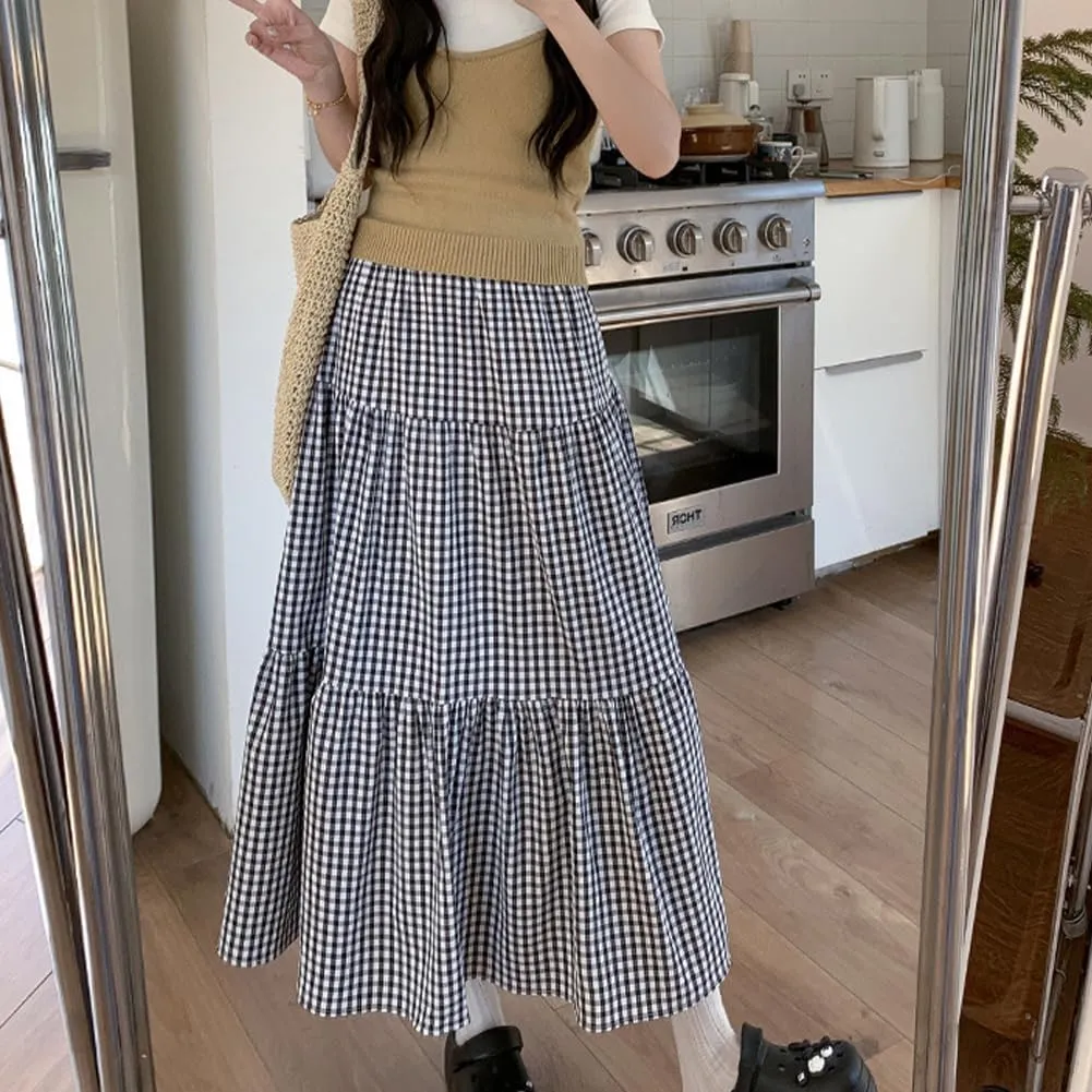 Plaid A-Line Maxi Skirt for Women Casual Elastic Waist Long Skirts