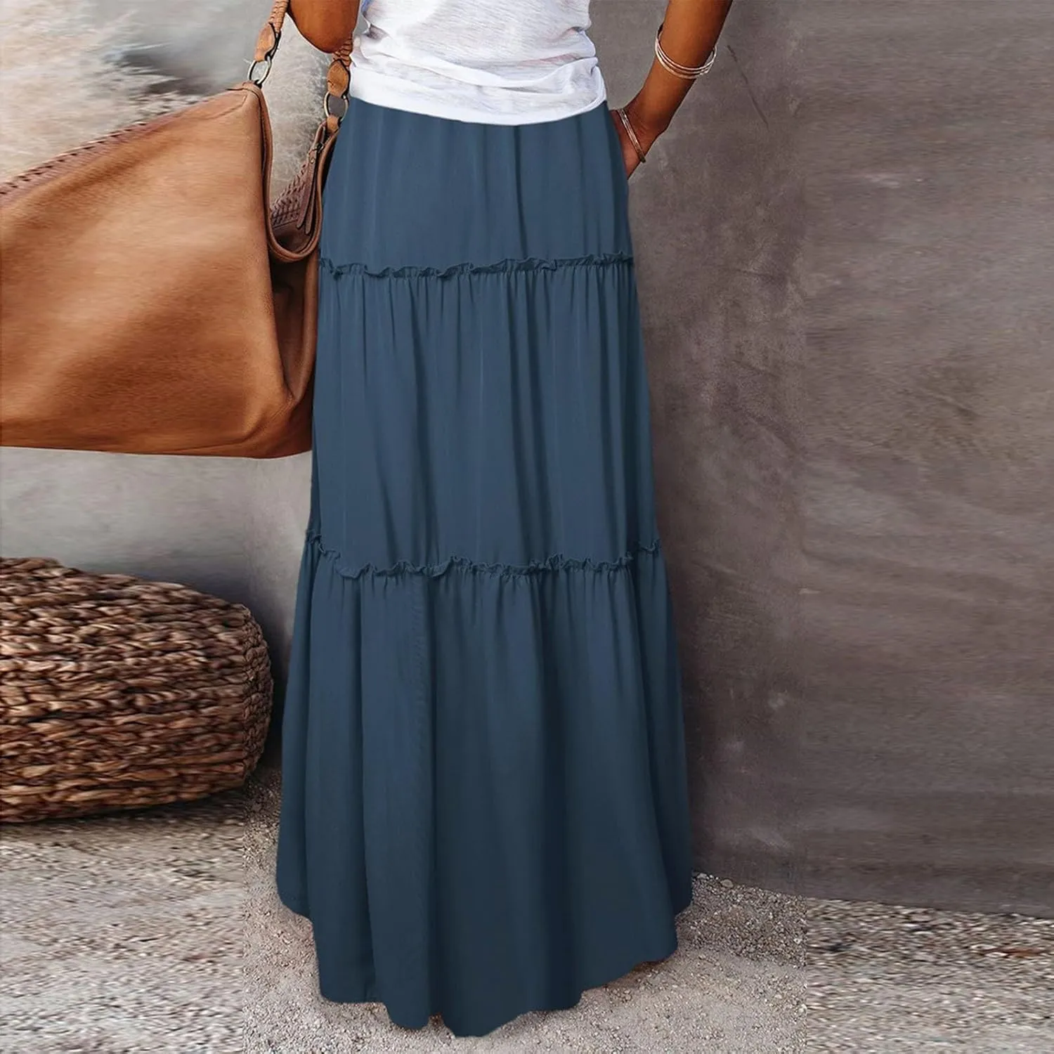 Pleated Long Skirts for Women Summer Casual Elastic High Waisted Skirts A-Line Flowy Swing Maxi Skirt with Pockets