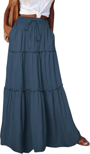Pleated Long Skirts for Women Summer Casual Elastic High Waisted Skirts A-Line Flowy Swing Maxi Skirt with Pockets