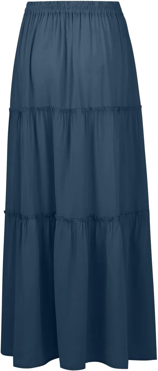 Pleated Long Skirts for Women Summer Casual Elastic High Waisted Skirts A-Line Flowy Swing Maxi Skirt with Pockets