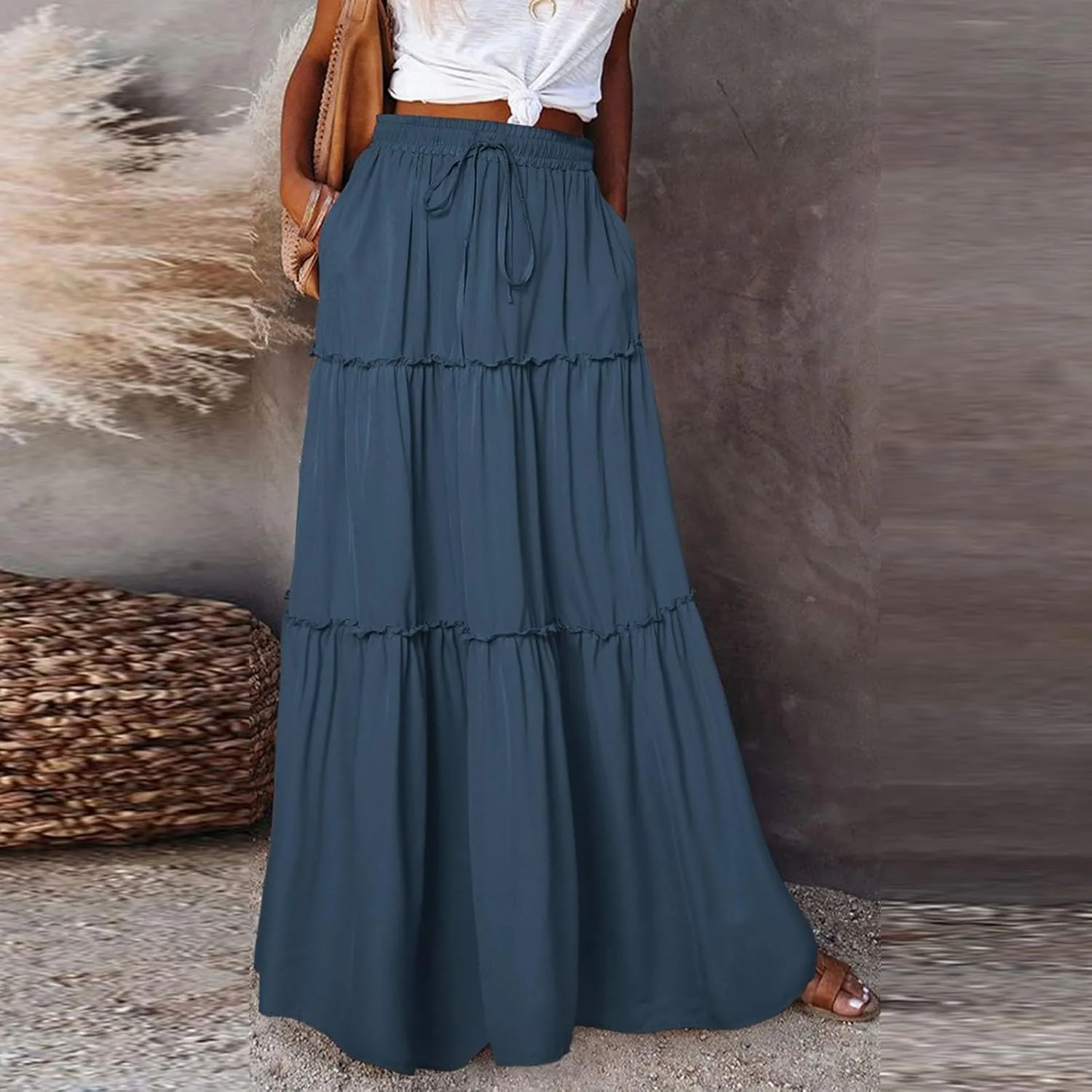 Pleated Long Skirts for Women Summer Casual Elastic High Waisted Skirts A-Line Flowy Swing Maxi Skirt with Pockets
