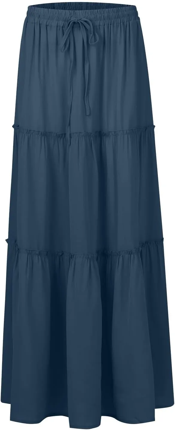 Pleated Long Skirts for Women Summer Casual Elastic High Waisted Skirts A-Line Flowy Swing Maxi Skirt with Pockets