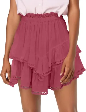 Pleated Skirts for Women Boho Tiered Flowy Short Skirt High Waist Mini Skirts Casual Summer Beach Outfits