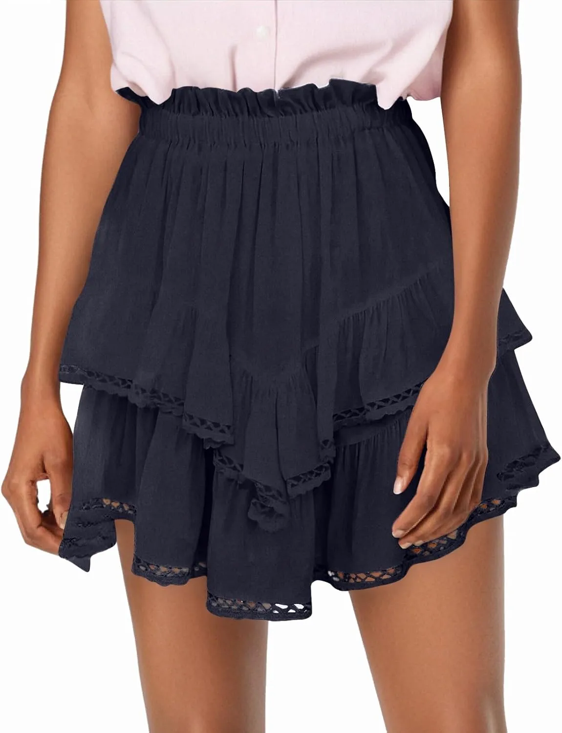 Pleated Skirts for Women Boho Tiered Flowy Short Skirt High Waist Mini Skirts Casual Summer Beach Outfits