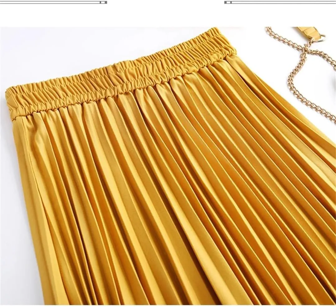 Pleated Skirts Women Spring Summer Casual Elastic High Waist Midi Long Skirts Fashion Ladies Party Work Skirts