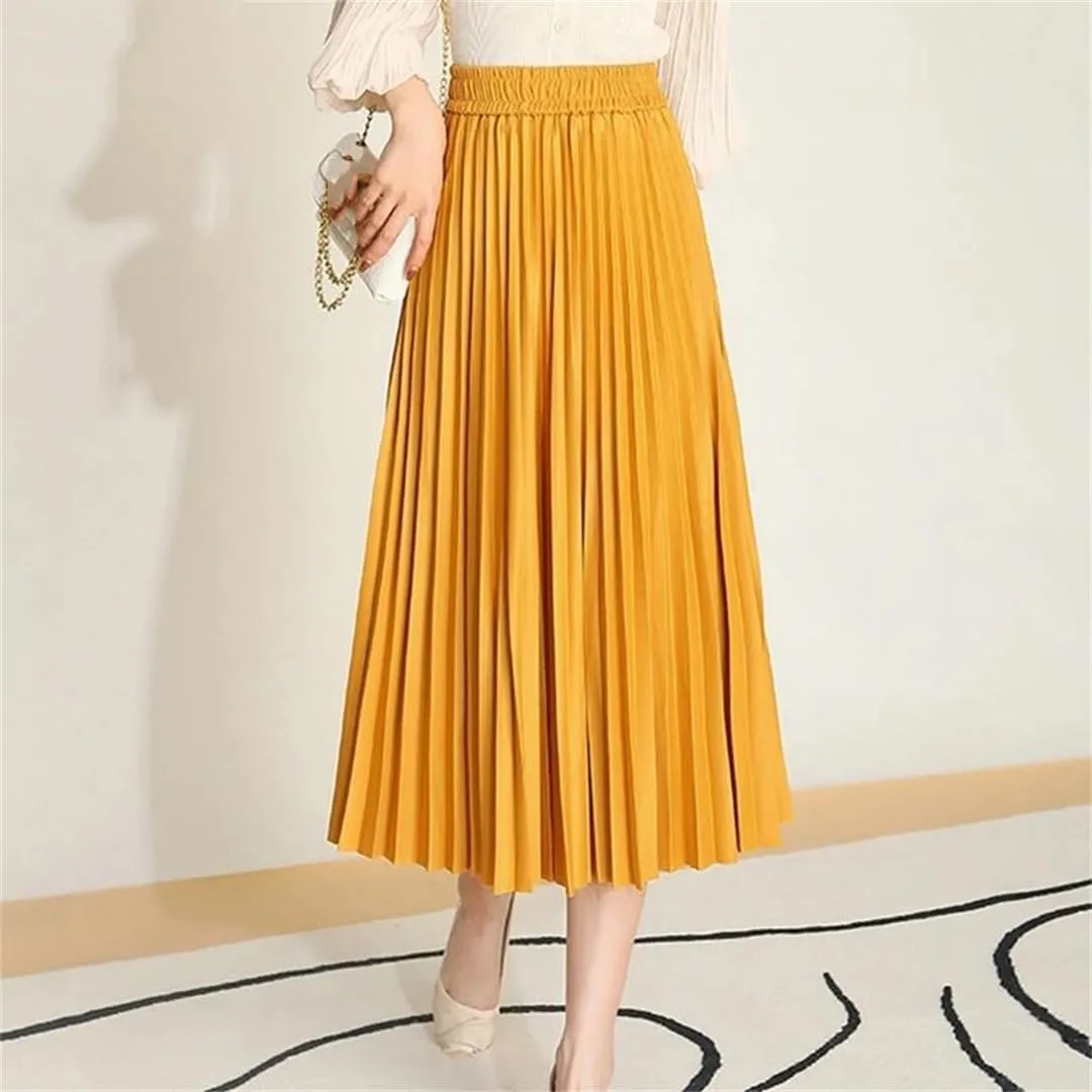 Pleated Skirts Women Spring Summer Casual Elastic High Waist Midi Long Skirts Fashion Ladies Party Work Skirts
