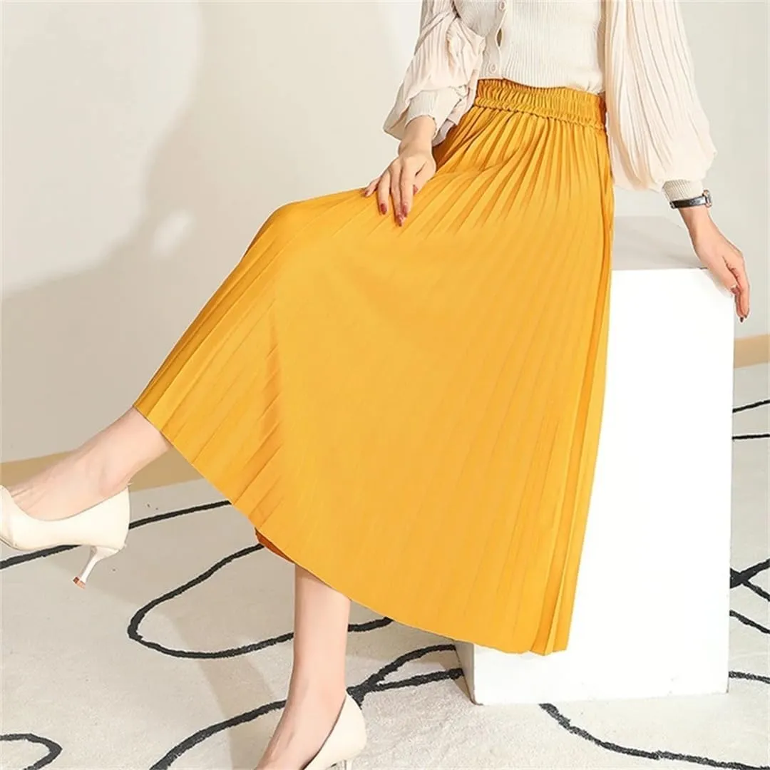 Pleated Skirts Women Spring Summer Casual Elastic High Waist Midi Long Skirts Fashion Ladies Party Work Skirts