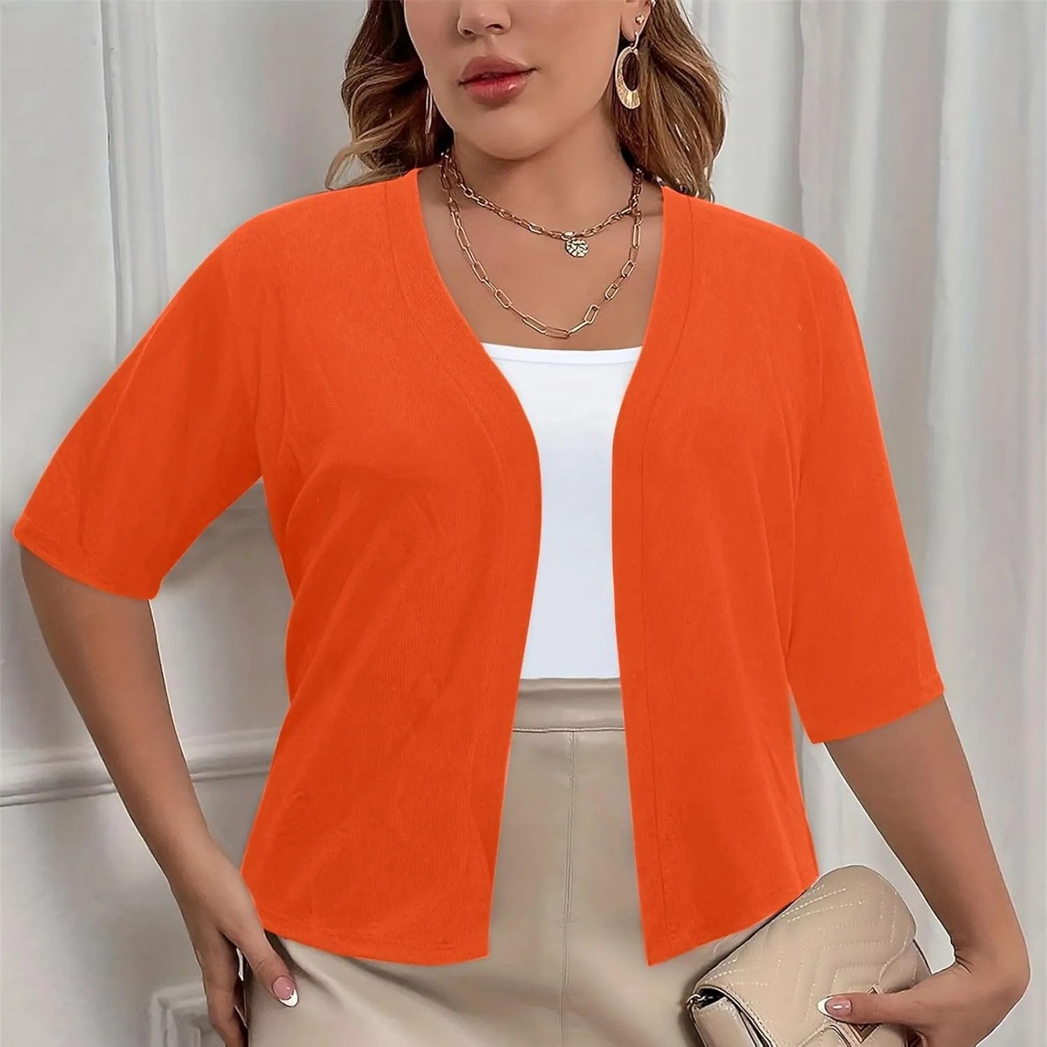 Plus Size Cardigan for Women Open Front Loose Business Casual Bolero Shrugs Short Sleeve Cropped Jacket 2024 Fall