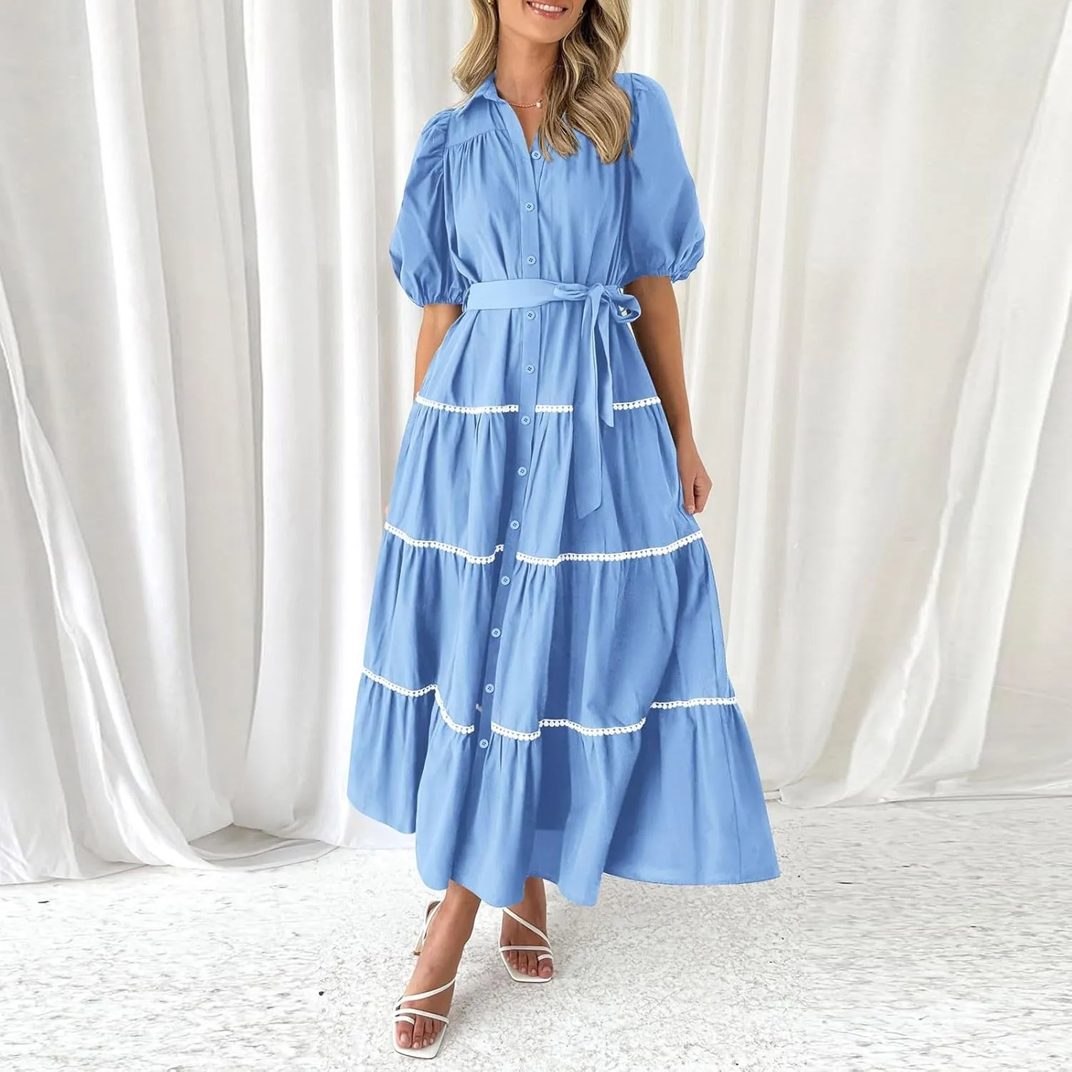 PTOLOCIF Women's Summer Button Up Short Sleeve Layered Pleated Flowing Long Skirt Formal Midi Dress with Sleeves