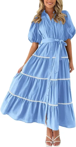 PTOLOCIF Women's Summer Button Up Short Sleeve Layered Pleated Flowing Long Skirt Formal Midi Dress with Sleeves