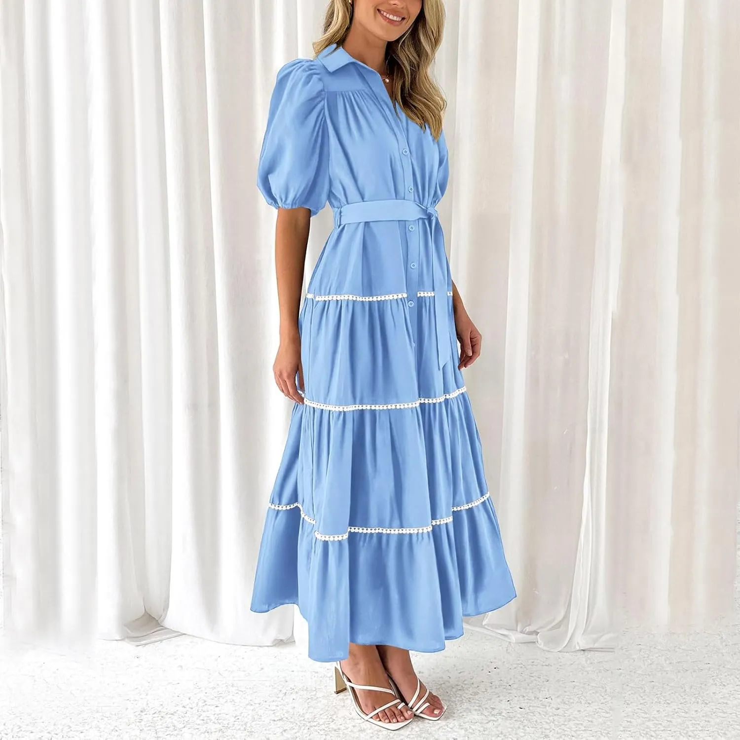 PTOLOCIF Women's Summer Button Up Short Sleeve Layered Pleated Flowing Long Skirt Formal Midi Dress with Sleeves