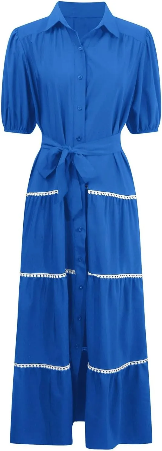 PTOLOCIF Women's Summer Button Up Short Sleeve Layered Pleated Flowing Long Skirt Formal Midi Dress with Sleeves