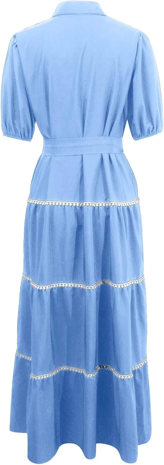 PTOLOCIF Women's Summer Button Up Short Sleeve Layered Pleated Flowing Long Skirt Formal Midi Dress with Sleeves