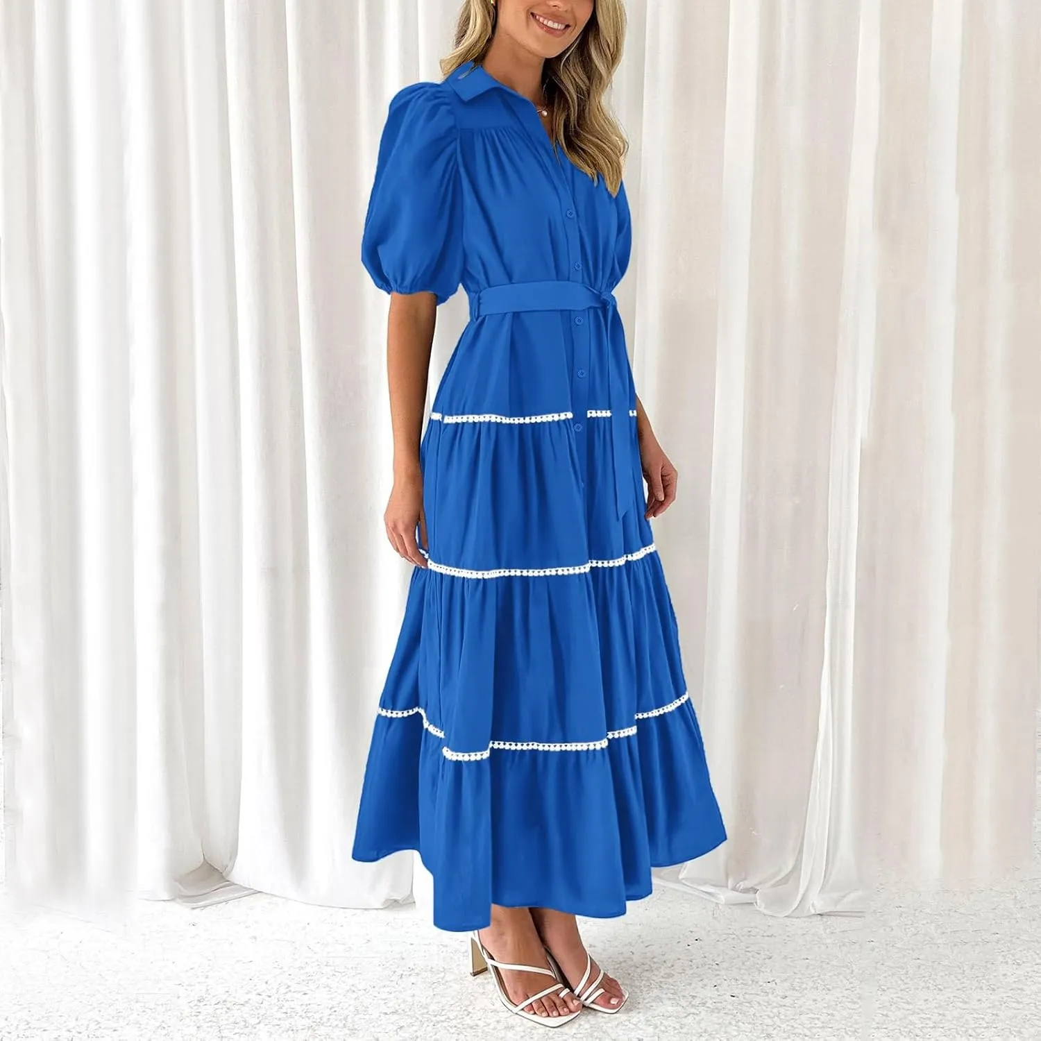 PTOLOCIF Women's Summer Button Up Short Sleeve Layered Pleated Flowing Long Skirt Formal Midi Dress with Sleeves
