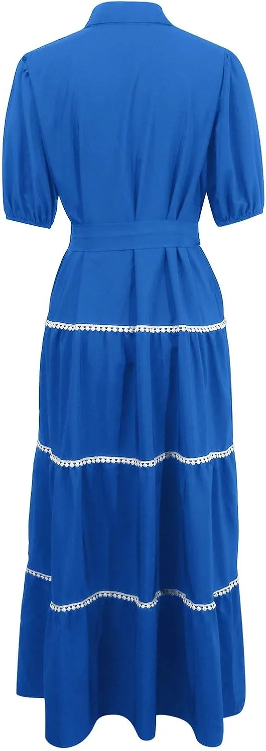 PTOLOCIF Women's Summer Button Up Short Sleeve Layered Pleated Flowing Long Skirt Formal Midi Dress with Sleeves