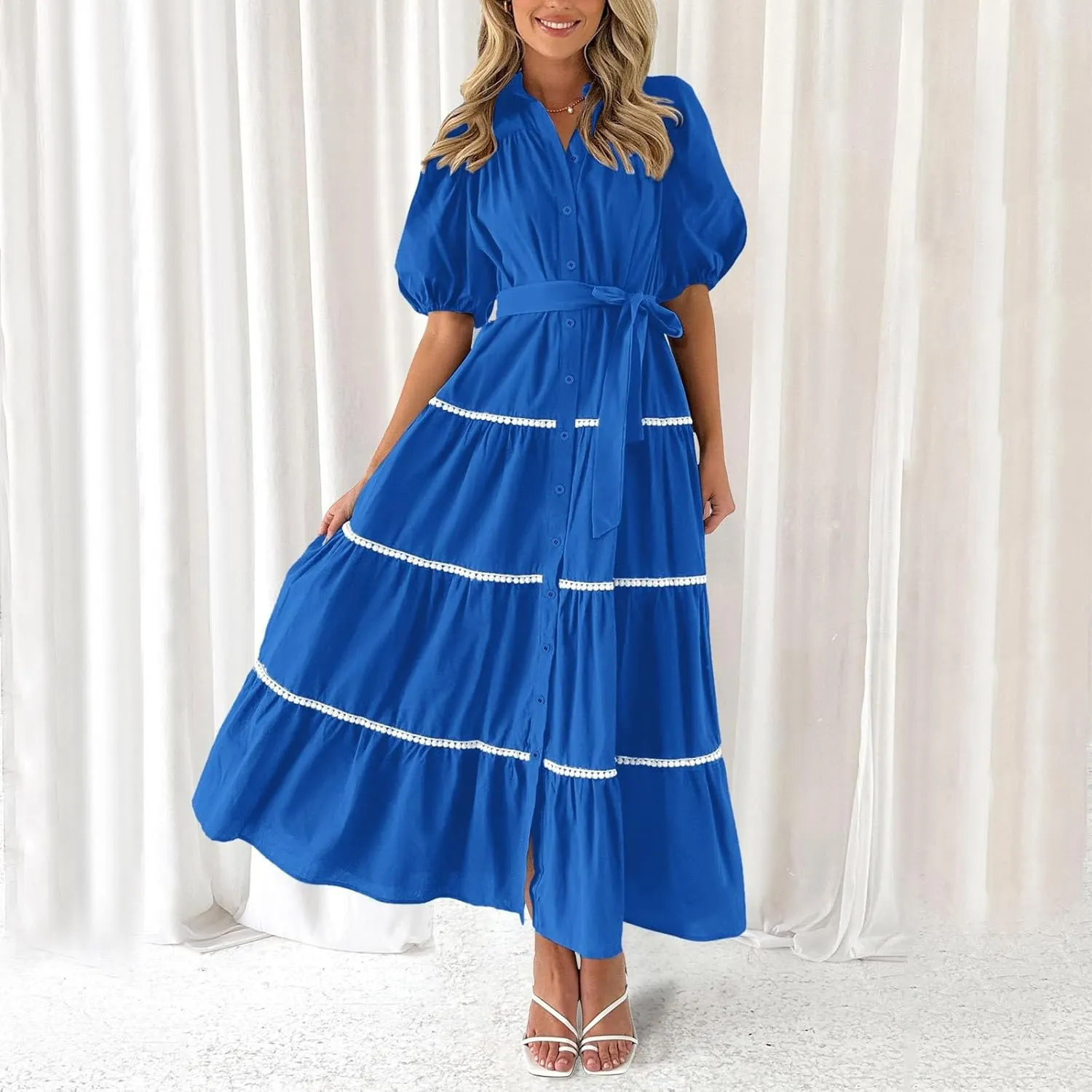 PTOLOCIF Women's Summer Button Up Short Sleeve Layered Pleated Flowing Long Skirt Formal Midi Dress with Sleeves