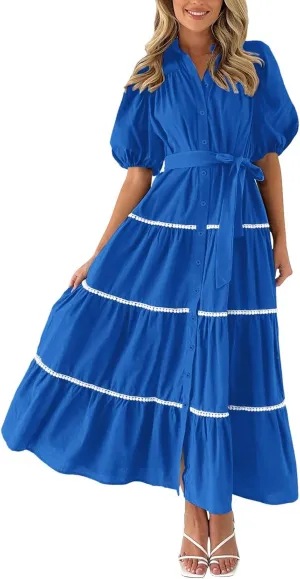 PTOLOCIF Women's Summer Button Up Short Sleeve Layered Pleated Flowing Long Skirt Formal Midi Dress with Sleeves