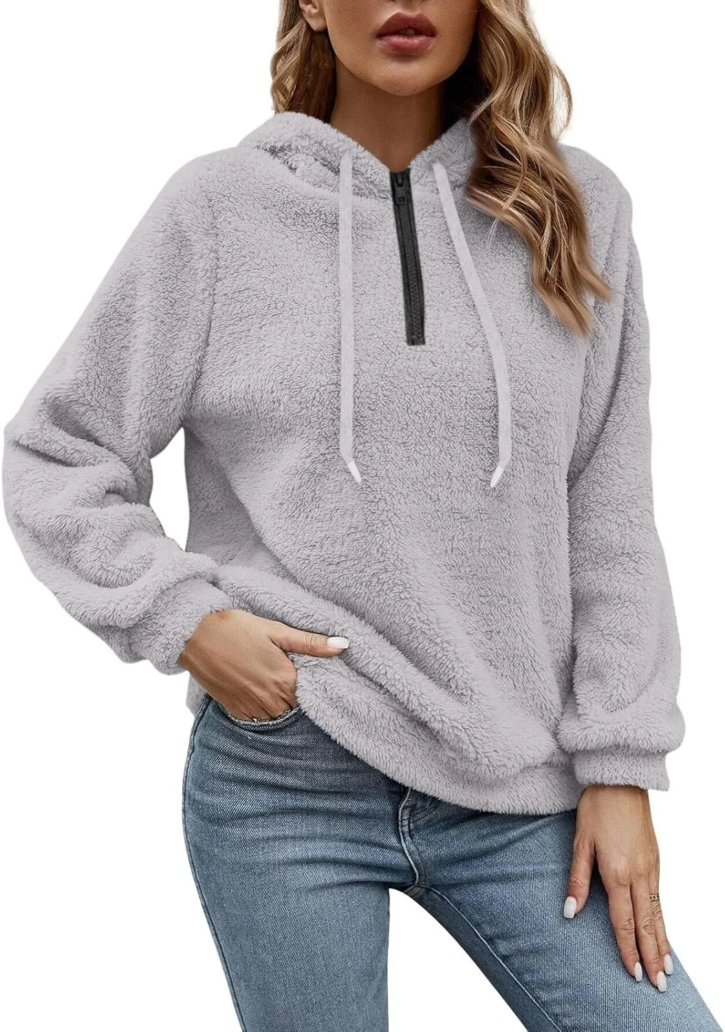 Quarter Zip Pullover Women Comfy Warm Sherpa Fleece Hooded Sweatshirts Ladies 1/4 Zip Winter Sweaters Outwear