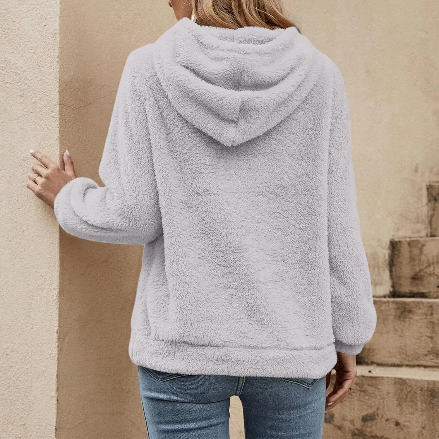 Quarter Zip Pullover Women Comfy Warm Sherpa Fleece Hooded Sweatshirts Ladies 1/4 Zip Winter Sweaters Outwear