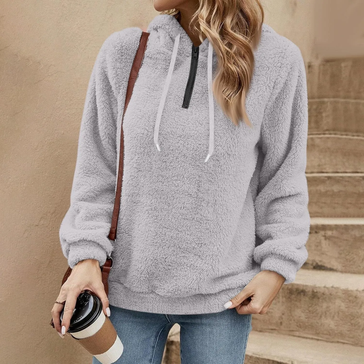 Quarter Zip Pullover Women Comfy Warm Sherpa Fleece Hooded Sweatshirts Ladies 1/4 Zip Winter Sweaters Outwear