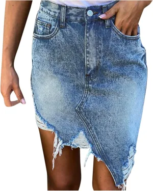 QWENTMTNTY Women Fashion Denim Pencil Skirt High Waisted Blow Knee Blue Jeans Skirts Skirt Shorts for Women (Light Blue-C, S)
