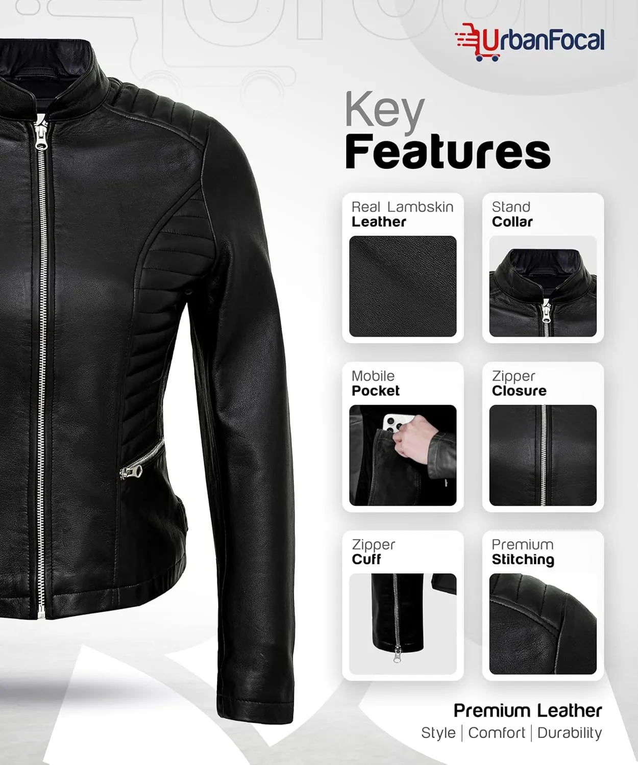 Real Lambskin Trendy Womens Leather Jackets Moto Biker Style Zip Up Motorcycle Jacket Women Outerwear With Pockets