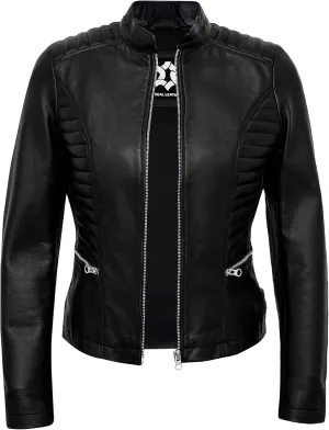 Real Lambskin Trendy Womens Leather Jackets Moto Biker Style Zip Up Motorcycle Jacket Women Outerwear With Pockets