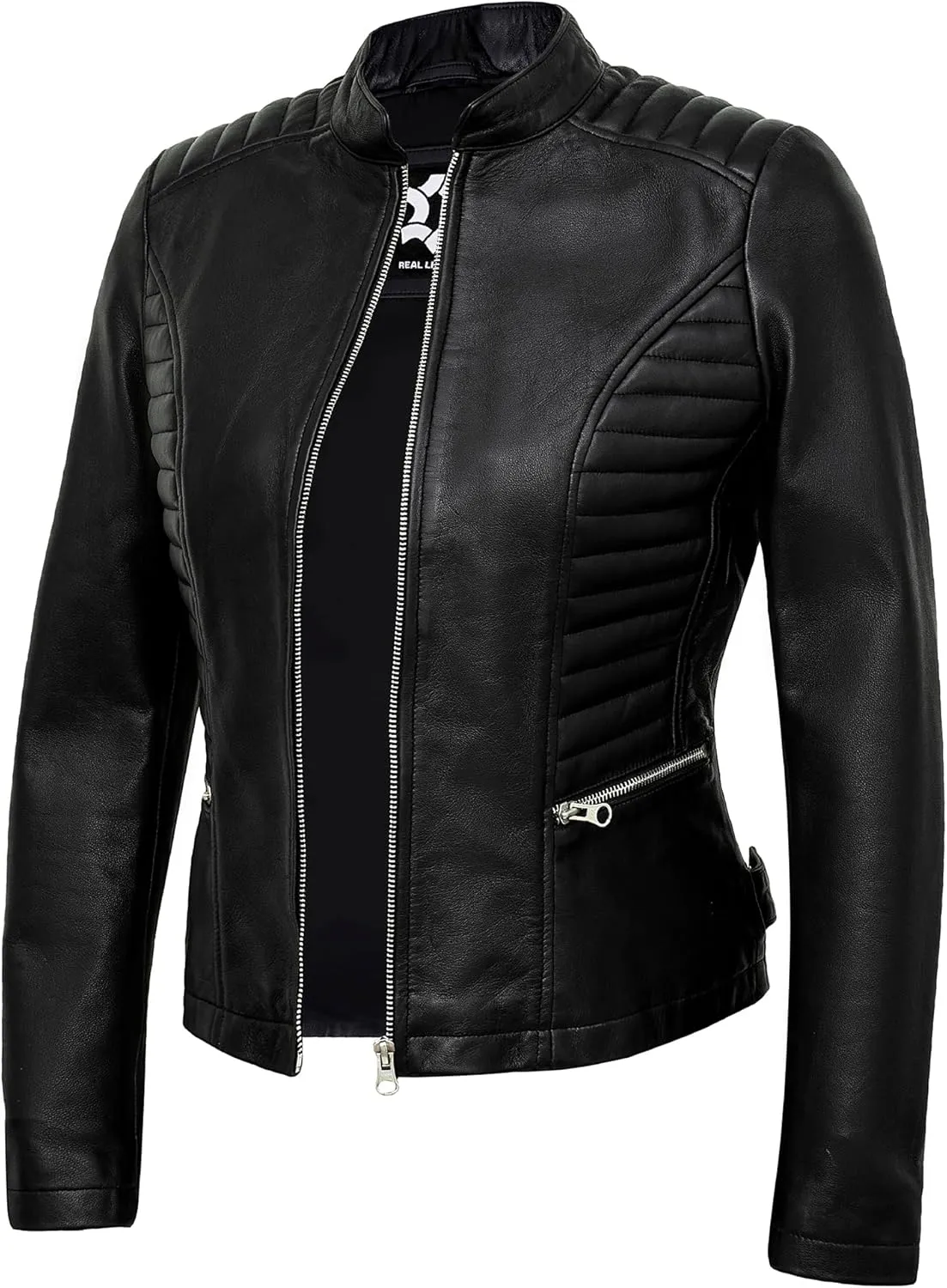 Real Lambskin Trendy Womens Leather Jackets Moto Biker Style Zip Up Motorcycle Jacket Women Outerwear With Pockets
