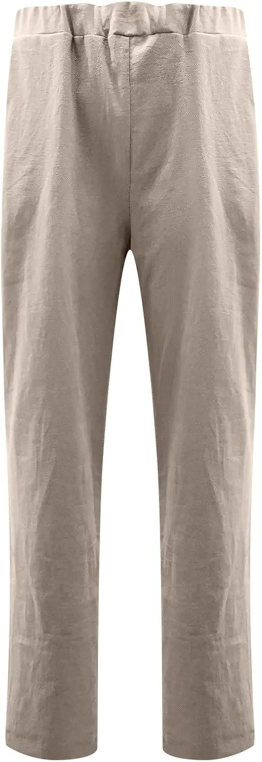 Relaxed Linen Joggers Women's Elastic Waist Wide Leg Straight Pants Summer Outdoor Loose Fit Capris Yoga Trousers