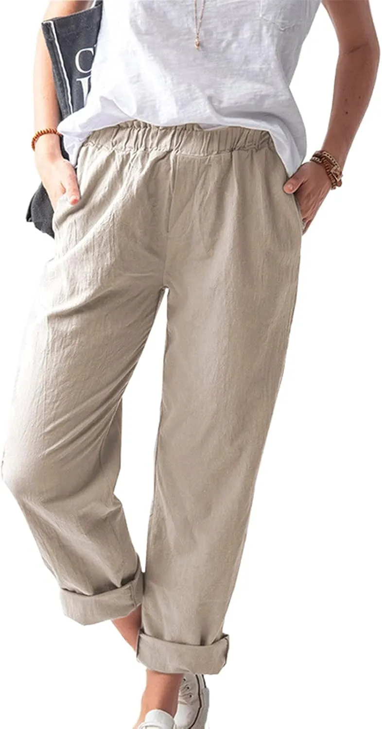 Relaxed Linen Joggers Women's Elastic Waist Wide Leg Straight Pants Summer Outdoor Loose Fit Capris Yoga Trousers