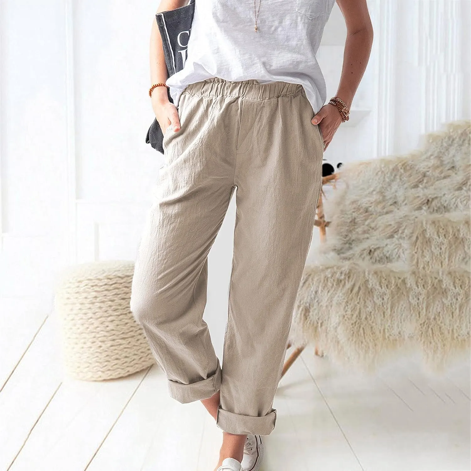 Relaxed Linen Joggers Women's Elastic Waist Wide Leg Straight Pants Summer Outdoor Loose Fit Capris Yoga Trousers