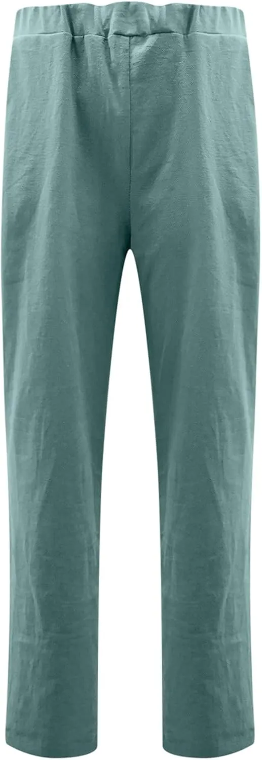Relaxed Linen Joggers Women's Elastic Waist Wide Leg Straight Pants Summer Outdoor Loose Fit Capris Yoga Trousers