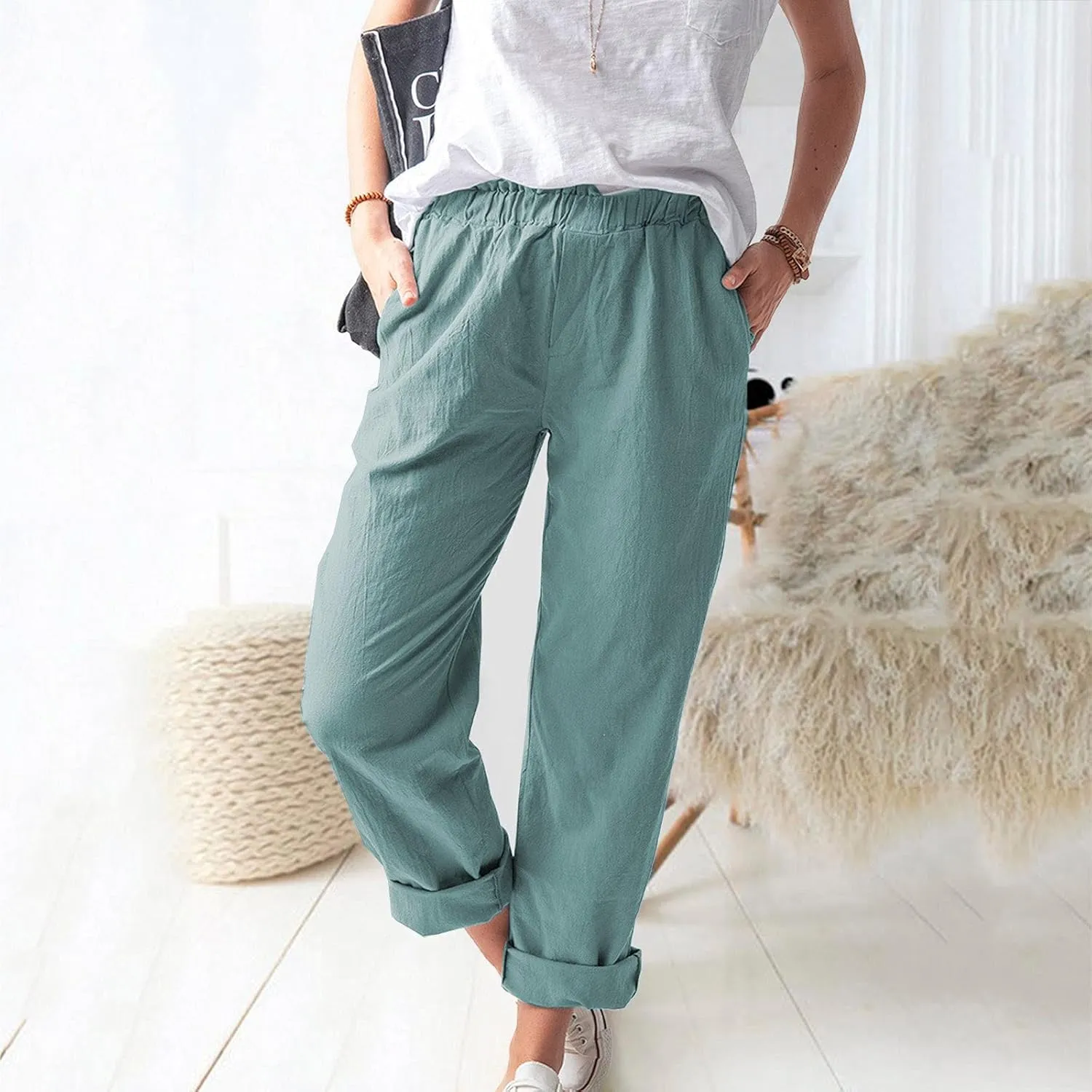 Relaxed Linen Joggers Women's Elastic Waist Wide Leg Straight Pants Summer Outdoor Loose Fit Capris Yoga Trousers