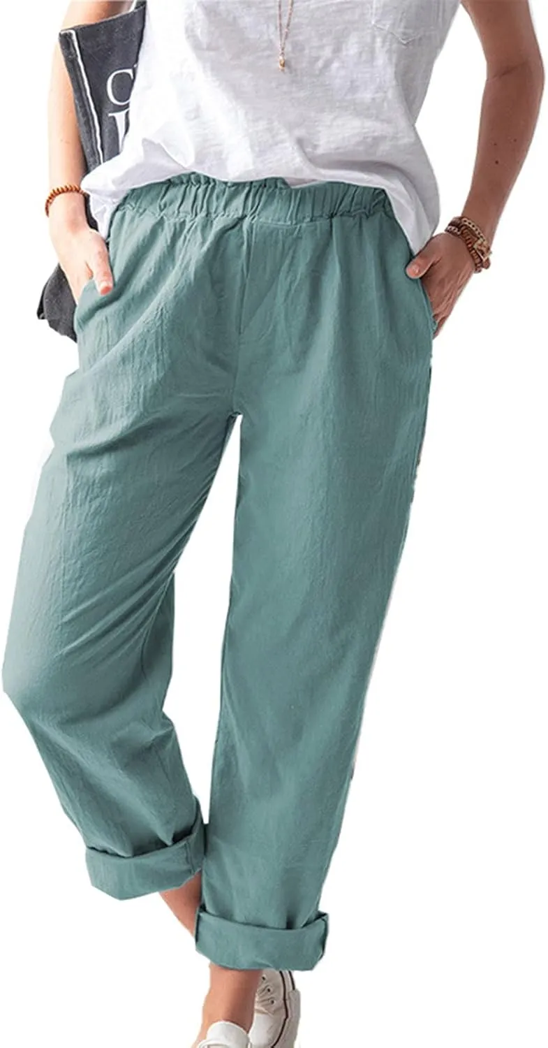 Relaxed Linen Joggers Women's Elastic Waist Wide Leg Straight Pants Summer Outdoor Loose Fit Capris Yoga Trousers