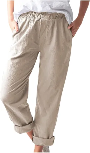 Relaxed Linen Joggers Women's Elastic Waist Wide Leg Straight Pants Summer Outdoor Loose Fit Capris Yoga Trousers