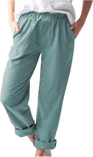 Relaxed Linen Joggers Women's Elastic Waist Wide Leg Straight Pants Summer Outdoor Loose Fit Capris Yoga Trousers