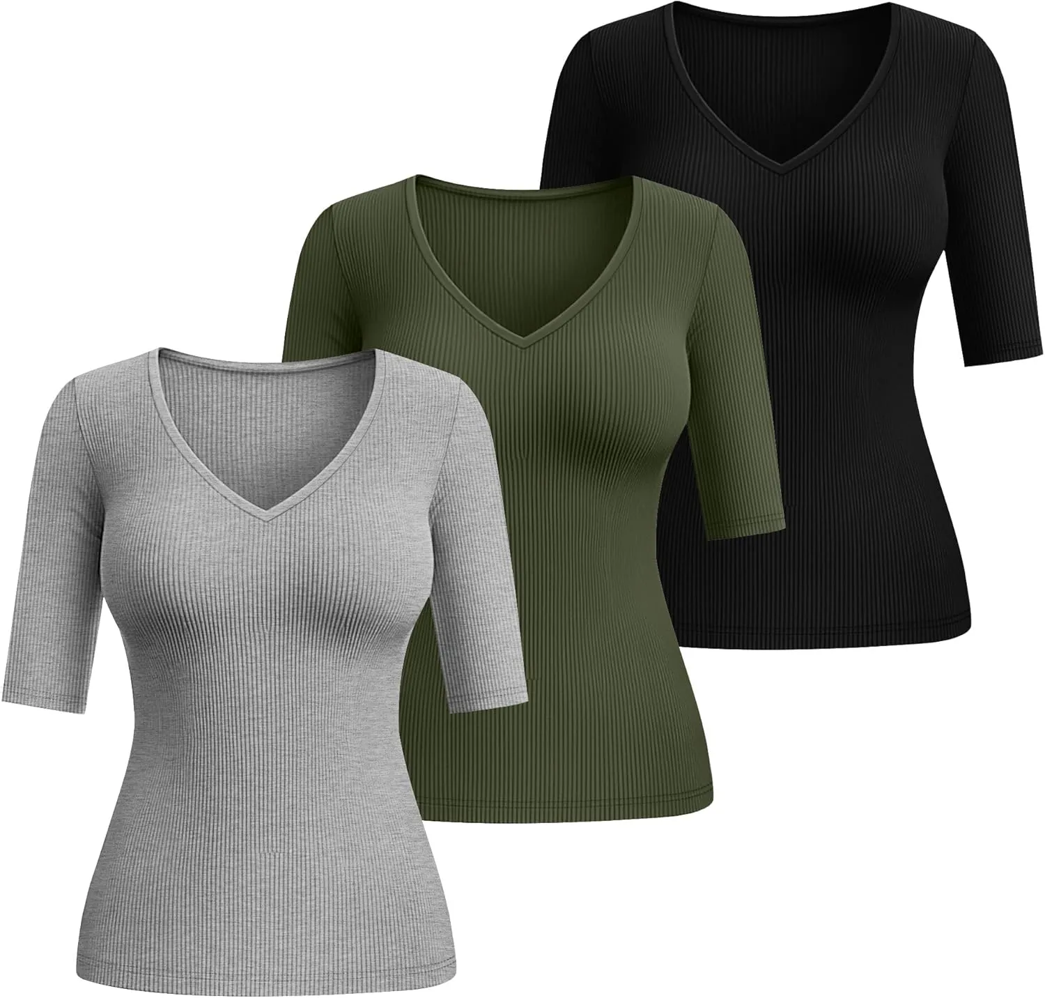 Riyiper 3 Pack Women's Half Sleeve Top Elbow Length Ribbed Cotton T Shirt Women V Neck Summer Tee Slim Fit Casual Blouses