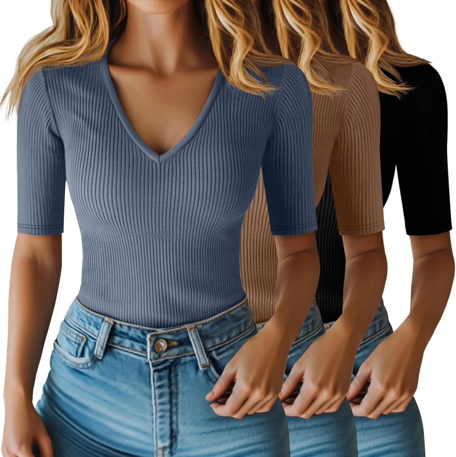 Riyiper 3 Pack Women's Half Sleeve Top Elbow Length Ribbed Cotton T Shirt Women V Neck Summer Tee Slim Fit Casual Blouses