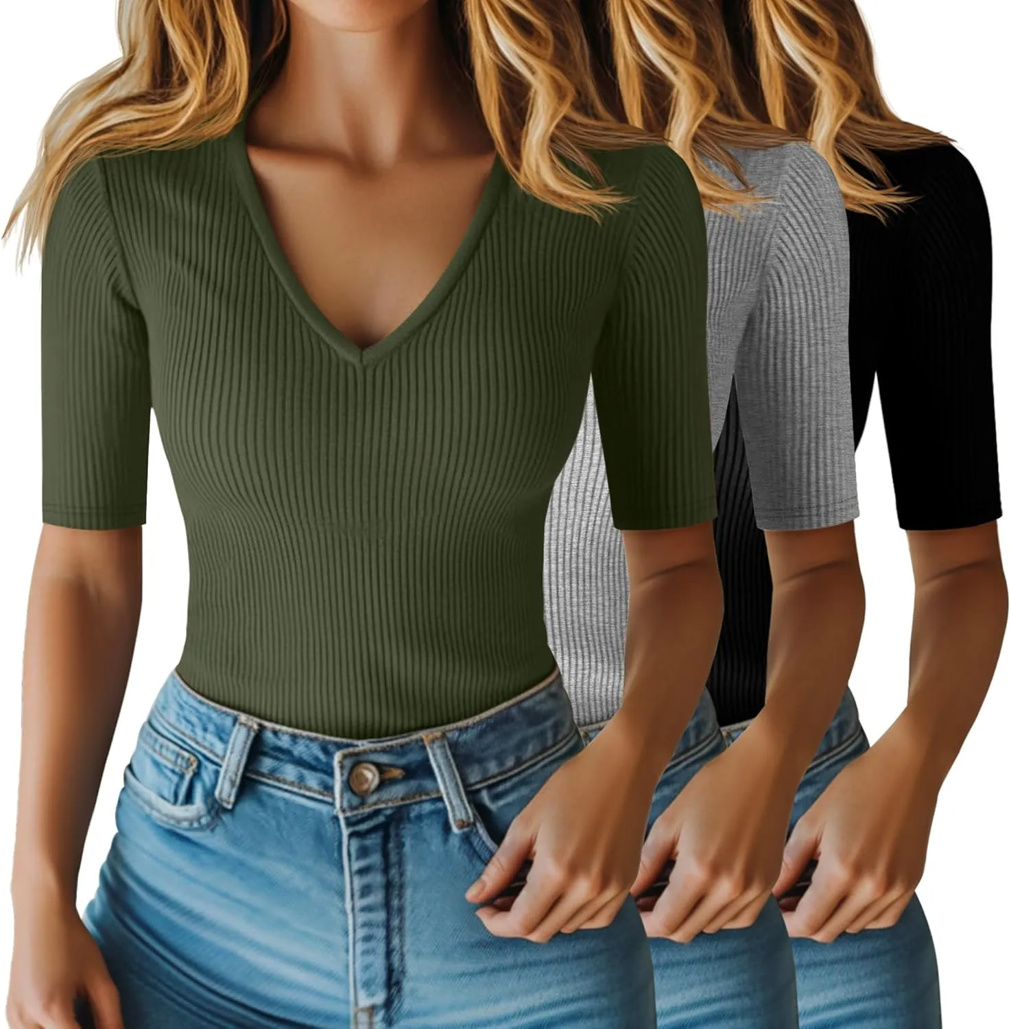 Riyiper 3 Pack Women's Half Sleeve Top Elbow Length Ribbed Cotton T Shirt Women V Neck Summer Tee Slim Fit Casual Blouses