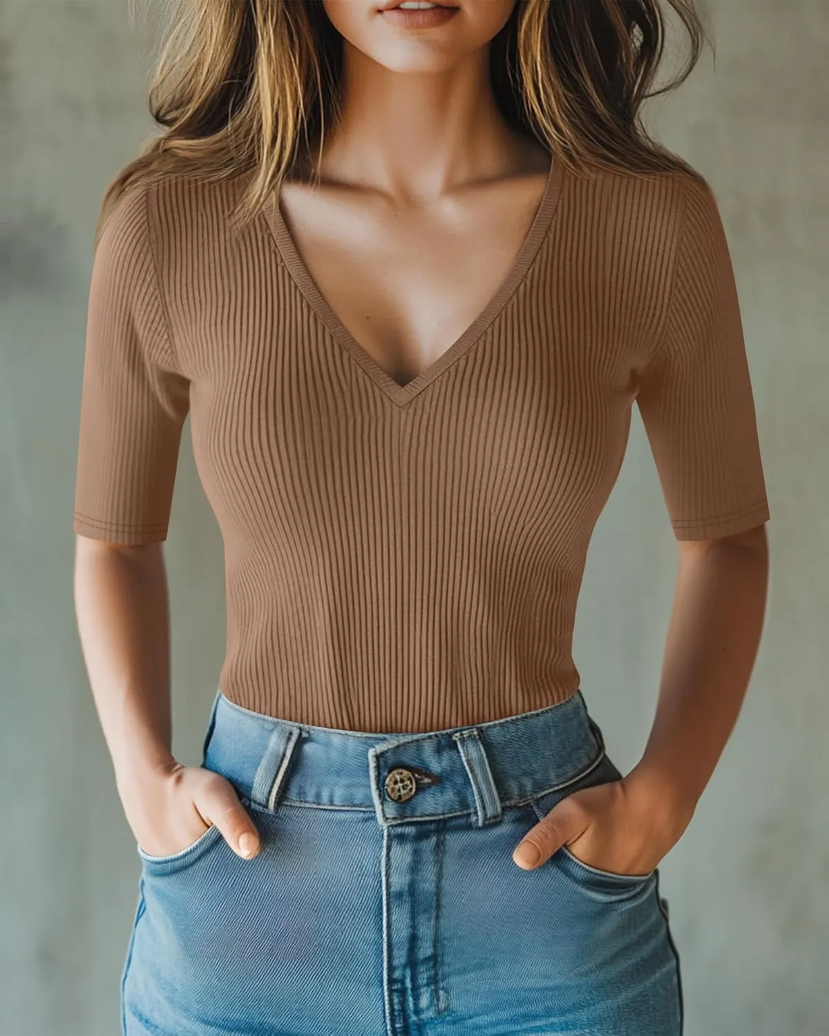 Riyiper 3 Pack Women's Half Sleeve Top Elbow Length Ribbed Cotton T Shirt Women V Neck Summer Tee Slim Fit Casual Blouses