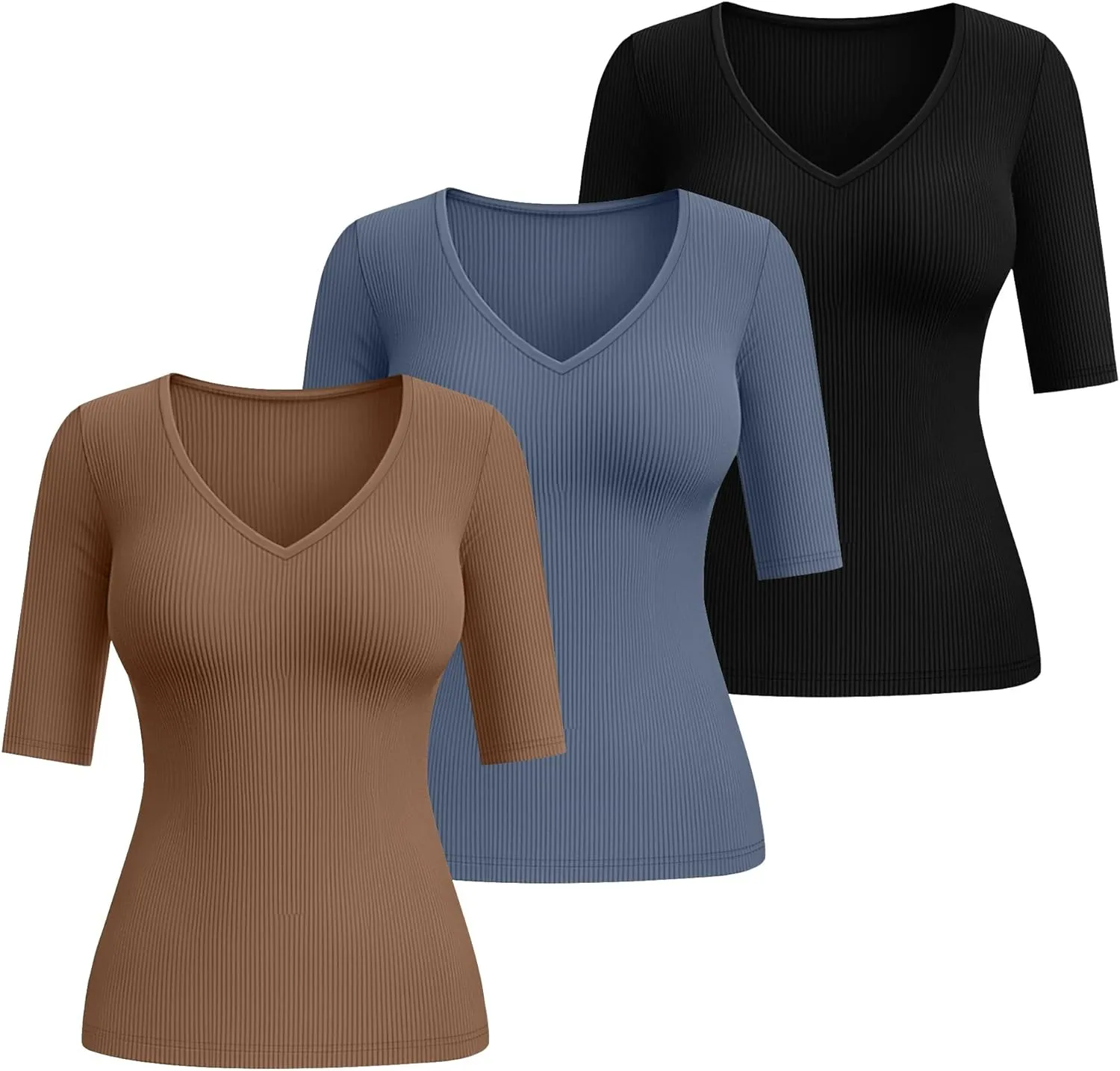 Riyiper 3 Pack Women's Half Sleeve Top Elbow Length Ribbed Cotton T Shirt Women V Neck Summer Tee Slim Fit Casual Blouses