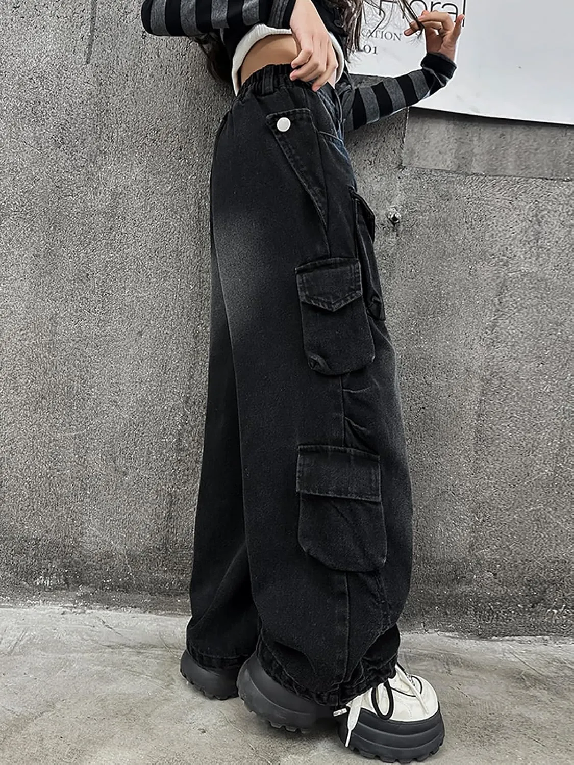 Rolanko Girls Cargo Pants Baggy Y2K Cargo Trousers Jeans Wide Leg Pants with Multi Pockets 4-15 Years
